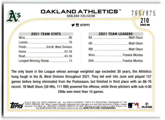 2022 Topps OAKLAND ATHLETICS Team Chapman Olson #210 FOILBOARD /875