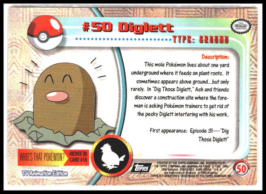 Diglett #50 1999 Topps Pokemon TV Animation Edition Series 1 Black Topps Logo