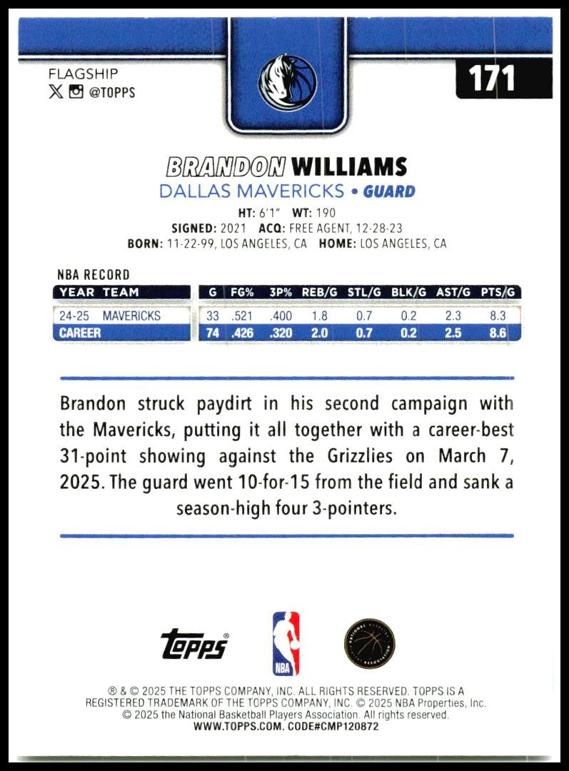 2025-26 Topps ##171 Brandon Williams Dallas