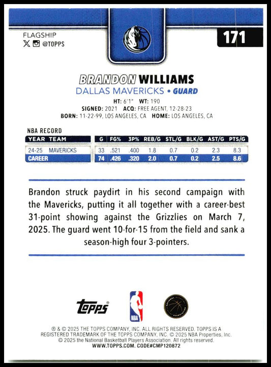 2025-26 Topps ##171 Brandon Williams Dallas