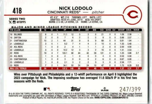 2024 Topps Aqua Crackle Foil #418 Nick Lodolo #/399 Cincinnati Reds