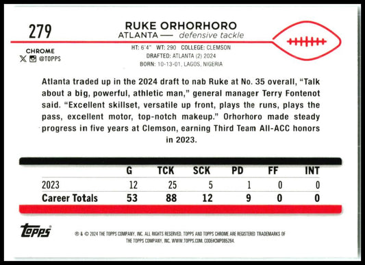 2024 Topps Chrome #279 Ruke Orhorhoro Rookie Atlanta Falcons
