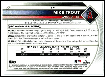 2025 Bowman Chrome #27 Mike Trout Los Angeles Angels