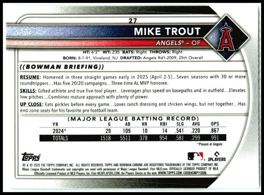 2025 Bowman Chrome #27 Mike Trout Los Angeles Angels