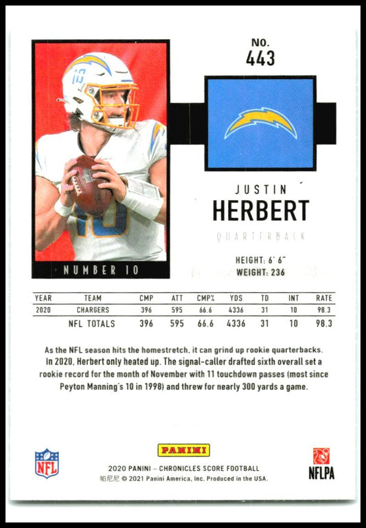 2020 Chronicles 2020 Score Update Rookies #443 Justin Herbert Charger