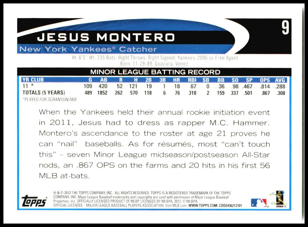 2012 Topps #9 Jesus Montero Rookie New York Yankees