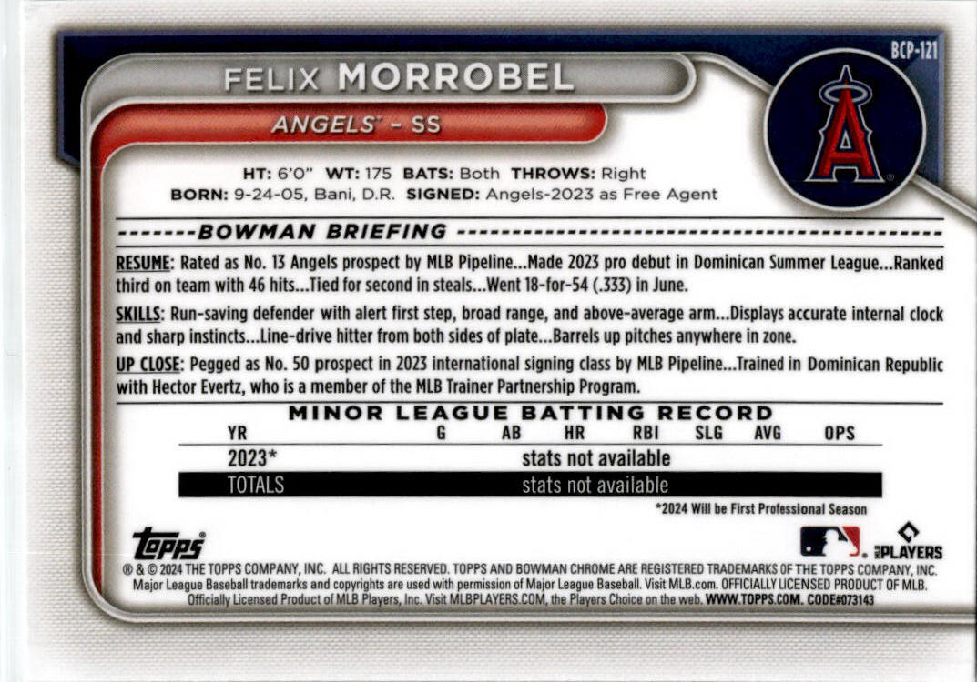2024 Bowman #BCP-121 Felix Morrobel Angels