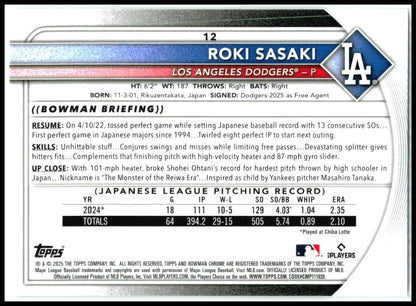 2025 Bowman Chrome Mojo Refractor #12 Roki Sasaki Rookie Dodgers