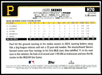 2025 Topps Holiday Silver Glitter Holiday #H70 Paul Skenes Pittsburgh Pirates