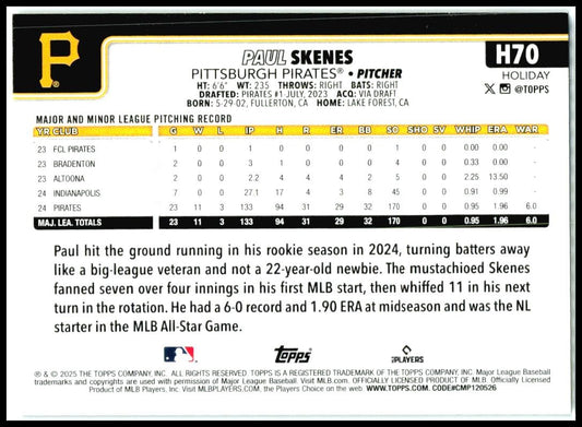 2025 Topps Holiday Silver Glitter Holiday #H70 Paul Skenes Pittsburgh Pirates