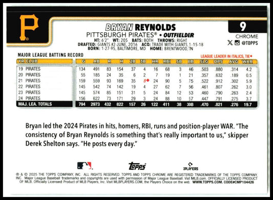 2025 Topps Chrome X-Fractors #9 Bryan Reynolds Pittsburgh Pirates