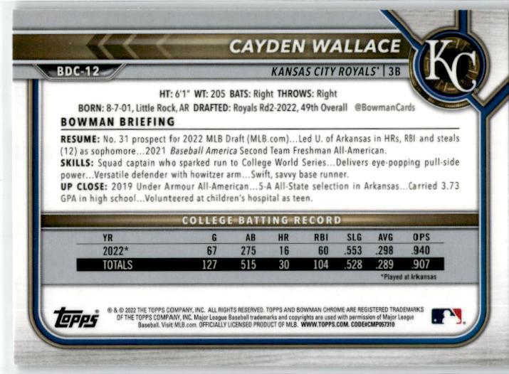 2022 Bowman Draft Chrome Black & White RayWave Refractor #BDC-12 Cayden Wallace