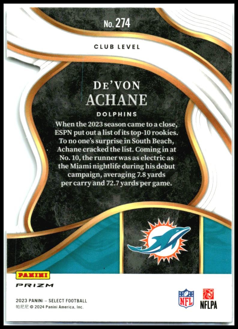 2023 Panini Select Silver Prizms Die Cuts #274 De'Von Achane Miami Dolphins