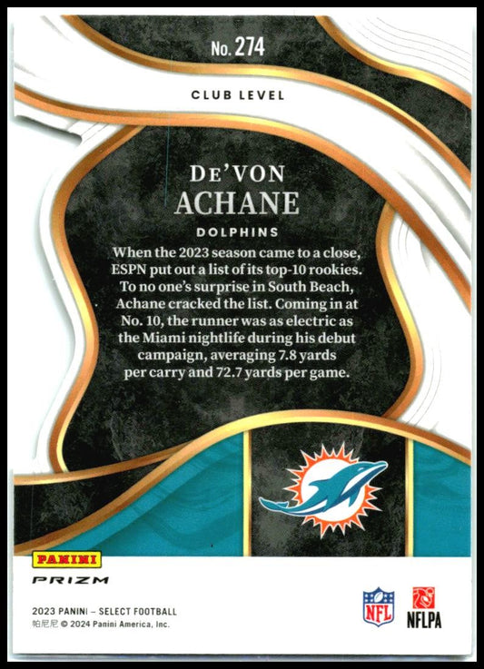 2023 Panini Select Silver Prizms Die Cuts #274 De'Von Achane Miami Dolphins