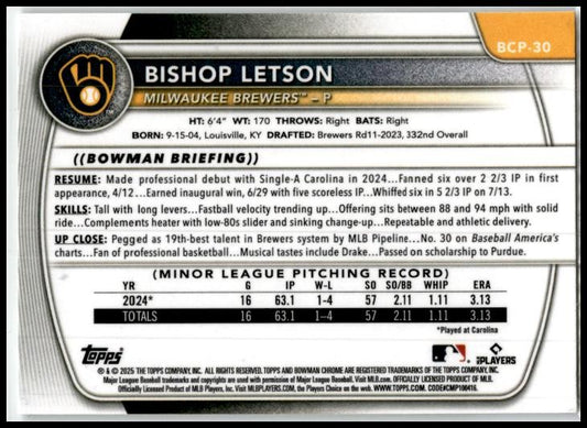 2025 Bowman Prospects #BP-30 Bishop Letson Milwaukee Brewers