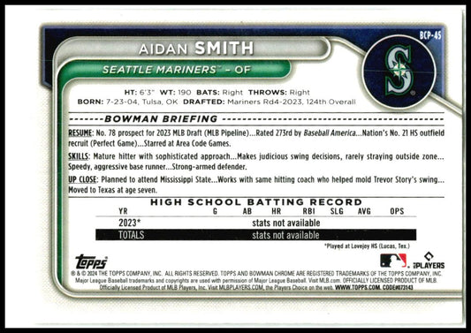 2024 Bowman Chrome Prospects #BCP-45 Aidan Smith Seattle Mariners
