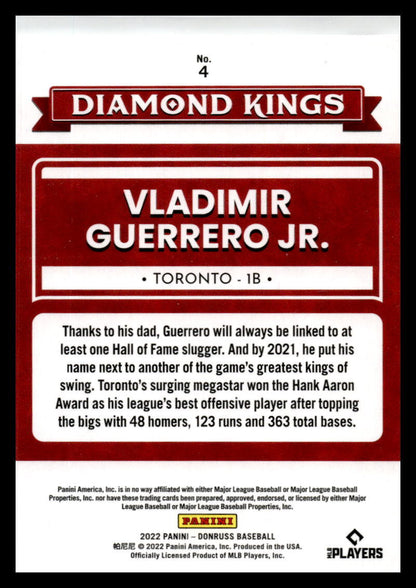2022 Donruss Diamond Kings #4 Vladimir Guerrero Jr. Toronto Blue Jays