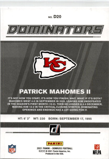 2021 Donruss Dominators #D20 Patrick Mahomes II Kansas City Chiefs