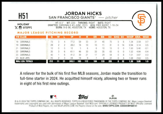 2024 Topps Holiday Holiday Tree Blue Metallic #H51 Jordan Hicks Giants