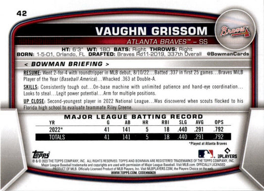 2023 Bowman #42 Vaughn Grissom Rookie Atlanta Braves