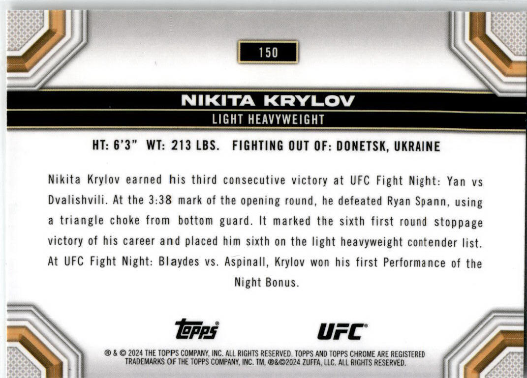 2024 Topps Chrome UFC XFractor #150 Nikita Krylov