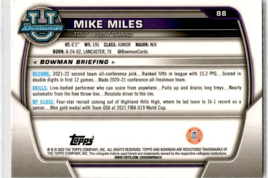 2022-23 Bowman University Chrome Pink #88 Mike Miles TCU Horned Frogs
