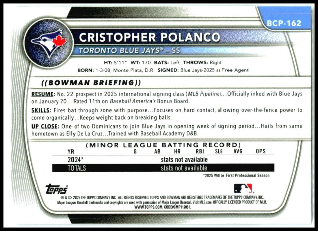 2025 Bowman Chrome #BCP-162 Cristopher Polanco Toronto Blue Jays