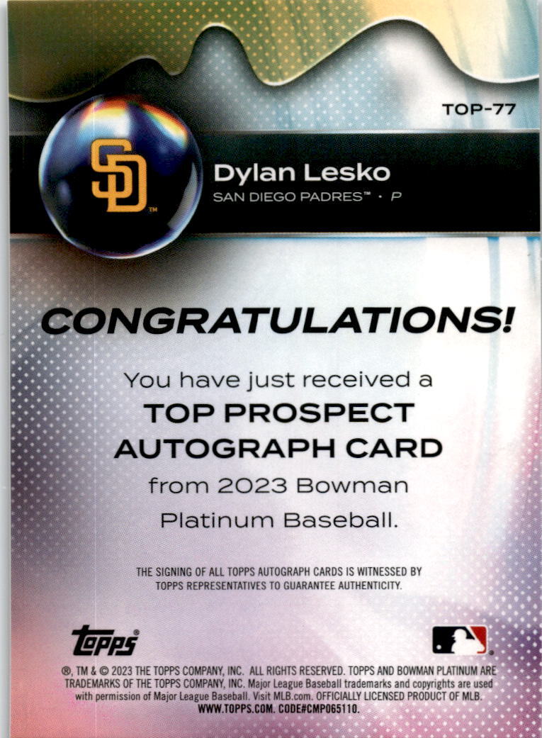 2023 Bowman Platinum Top Prospects #TOP-77 Dylan Lesko Auto San Diego Padres