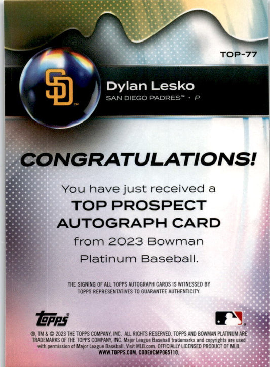 2023 Bowman Platinum Top Prospects #TOP-77 Dylan Lesko Auto San Diego Padres