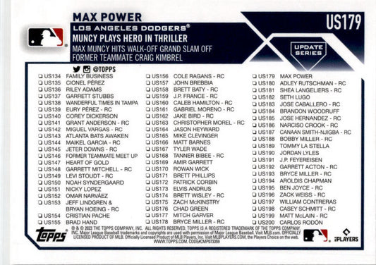 2023 Topps Update Orange and Black Foil #US179 Max Power Los Angeles Dodgers