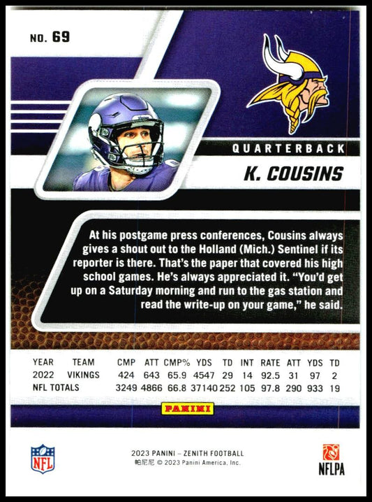 2023 Panini Zenith #69 Kirk Cousins Minnesota Vikings