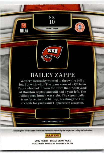 2022  Select Draft Picks Red Lazer Prizm #10 Bailey Zappe Western Kentucky /Pats