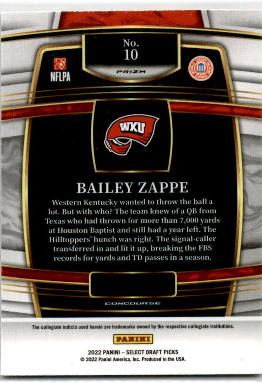 2022  Select Draft Picks Red Lazer Prizm #10 Bailey Zappe Western Kentucky /Pats