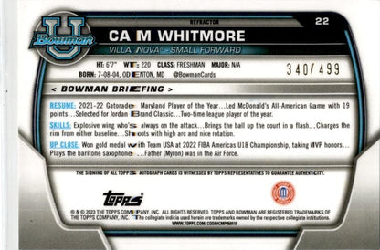 2023-24 bowman university chrome Refractor #22 Cam Whitmore Auto /499 Rockets