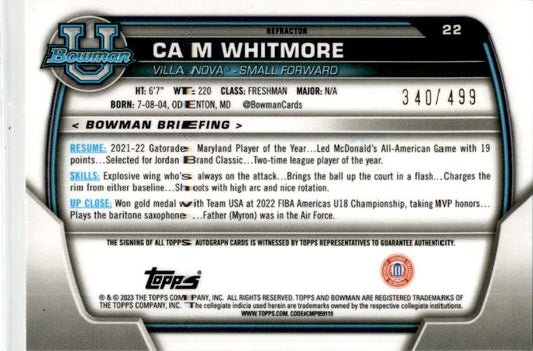 2023-24 bowman university chrome Refractor #22 Cam Whitmore Auto /499 Rockets