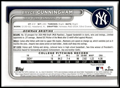 2024 Bowman Draft #BD-97 Bryce Cunningham New York Yankees