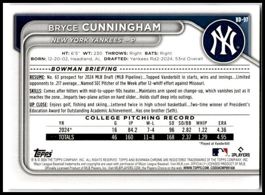 2024 Bowman Draft #BD-97 Bryce Cunningham New York Yankees