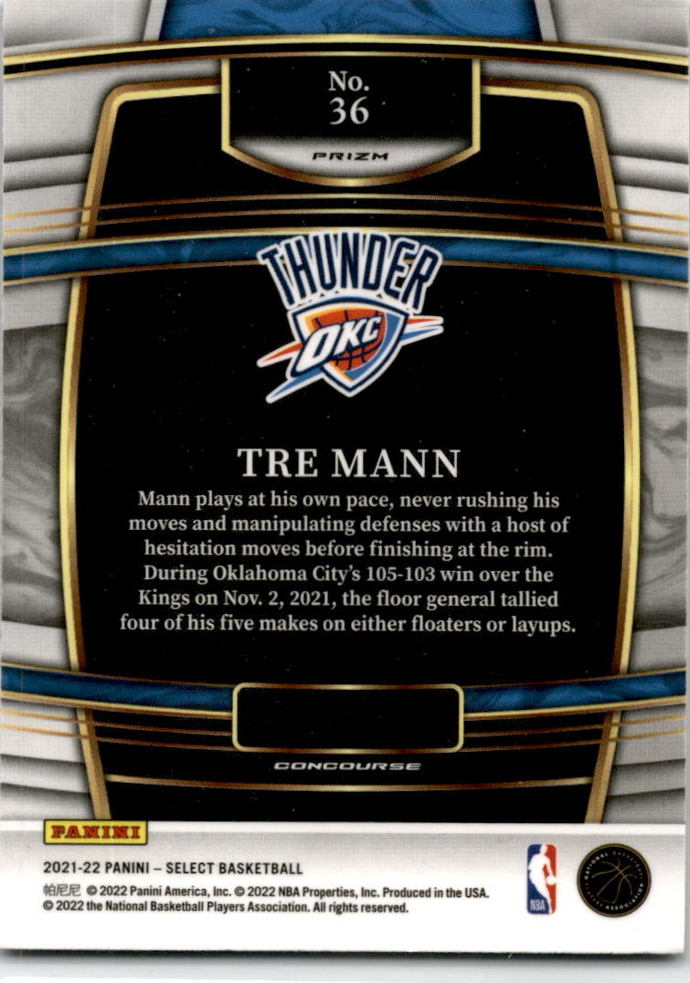 2021-22 Panini Select Blue Shimmer Prizms #36 Tre Mann Oklahoma City Thunder