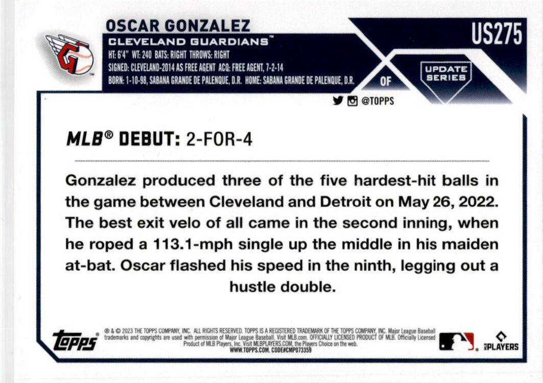 2023 Topps Update Orange and Black Foil #US275 Oscar Gonzalez Guardians