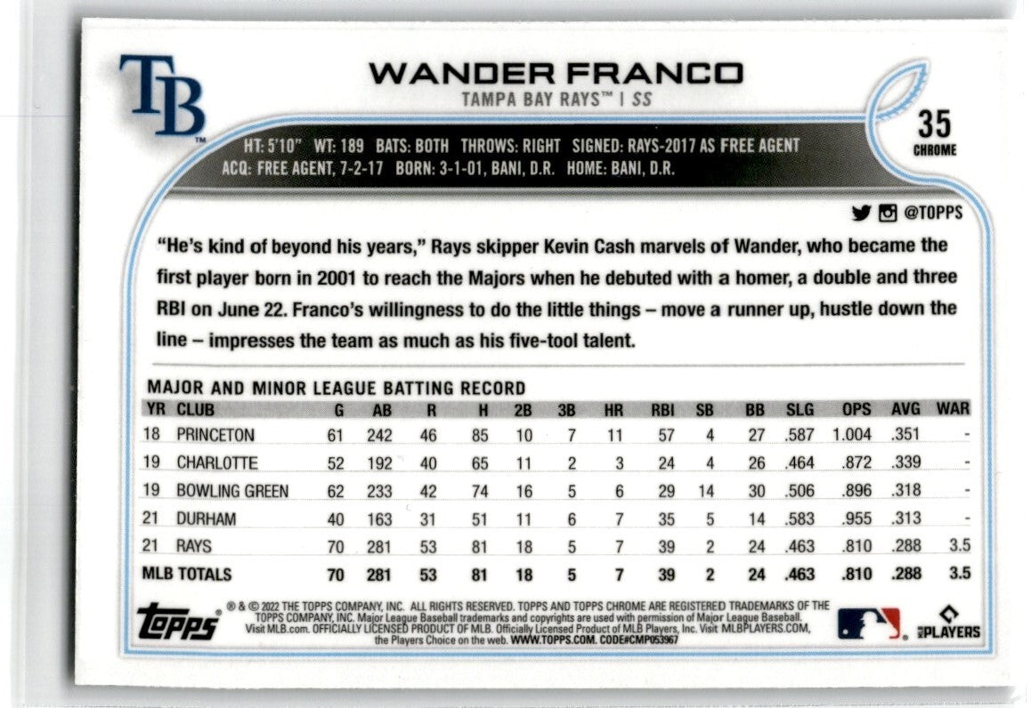2022 Topps Chrome Wander Franco Rookie Tampa Bay Rays #35