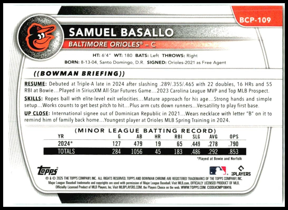 2025 Bowman Chrome Prospects #BCP-109 Samuel Basallo Baltimore Orioles