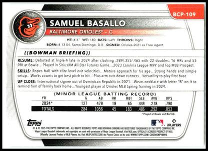 2025 Bowman Chrome Prospects #BCP-109 Samuel Basallo Baltimore Orioles