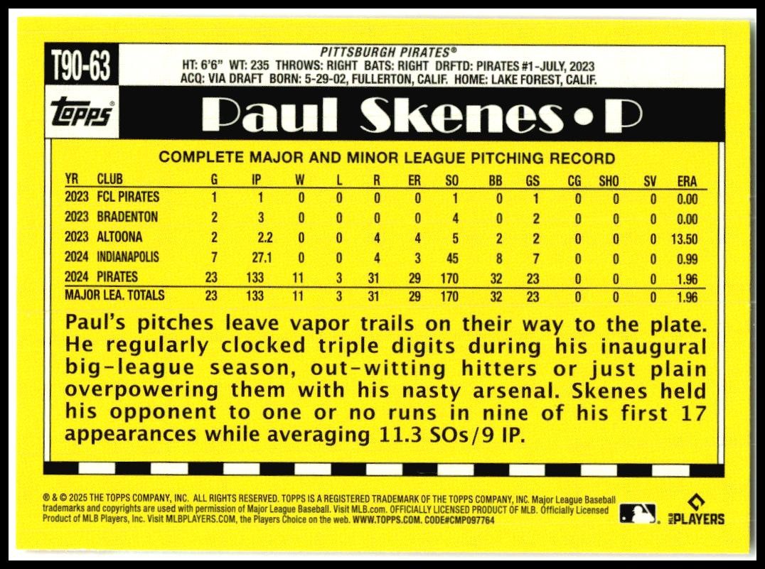 2025 Topps 1990 Topps 35th Anniversary All-Stars #T90-63 Paul Skenes Pirates