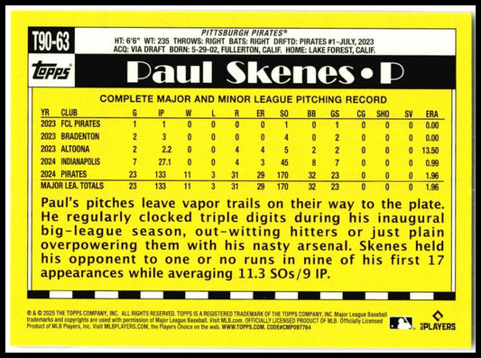 2025 Topps 1990 Topps 35th Anniversary All-Stars #T90-63 Paul Skenes Pirates