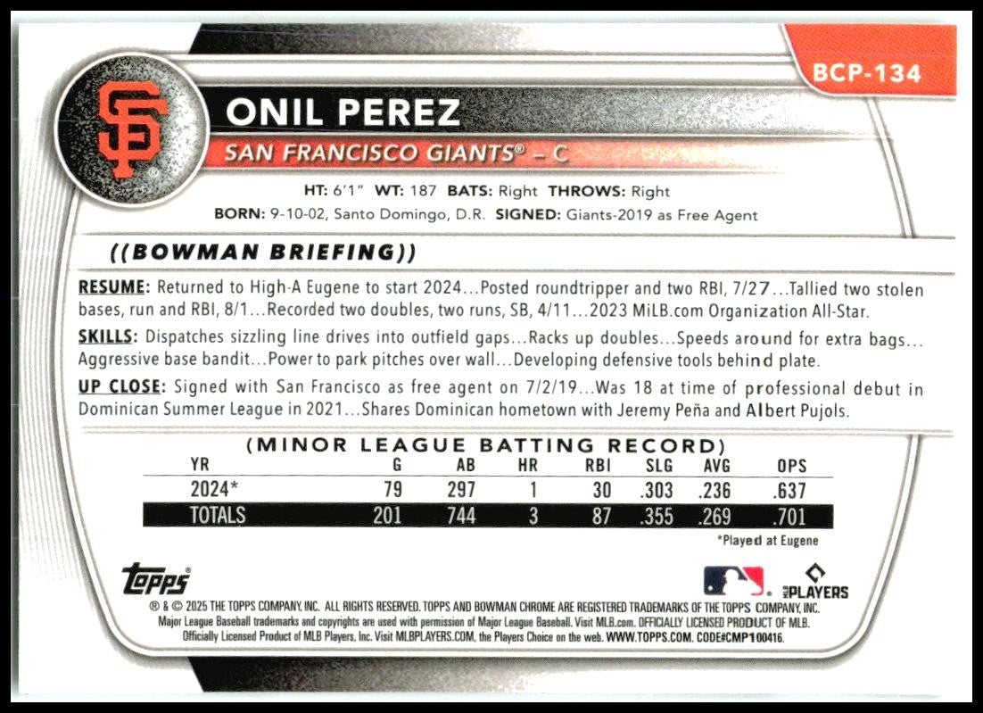 2025 Bowman Chrome Prospects #BCP-134 Onil Perez San Francisco Giants