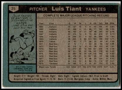 1980 Topps #35 Luis Tiant New York Yankees