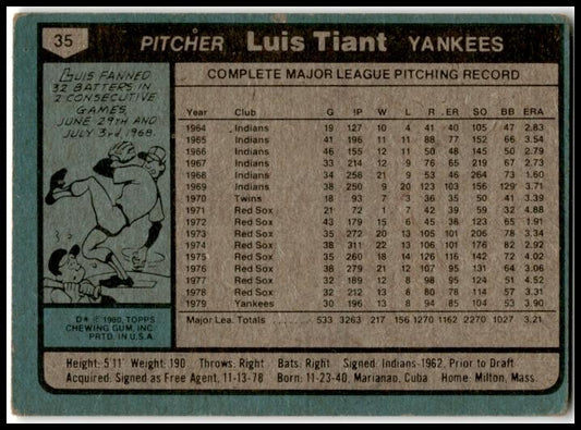 1980 Topps #35 Luis Tiant New York Yankees