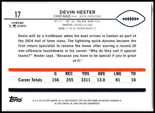 2024 Topps Chrome #17 Devin Hester Chicago Bears