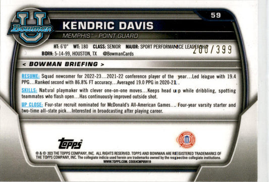 2022-23 Bowman University Chrome Purple #59 Kendric Davis Memphis Tigers