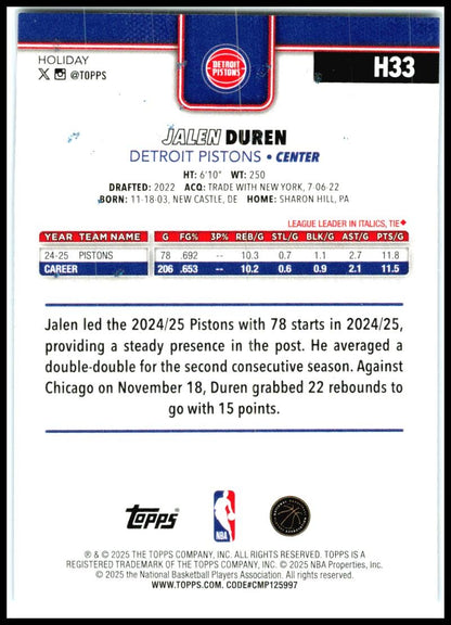 2025-26 Topps Holiday Blue Metallic Glitter Holiday #H33 Jalen Duren Pistons